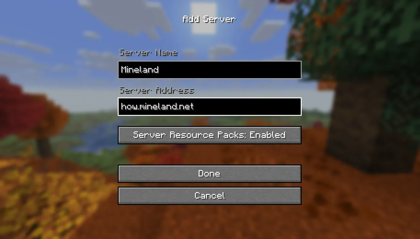 Add Server screen: address how.mineland.net