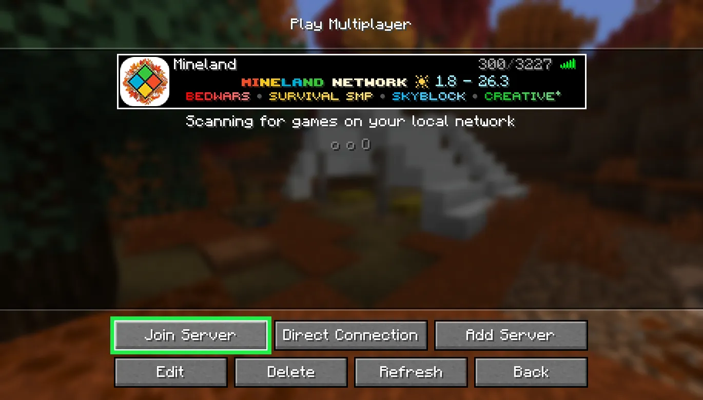 The server in the list: the "Join Server" button